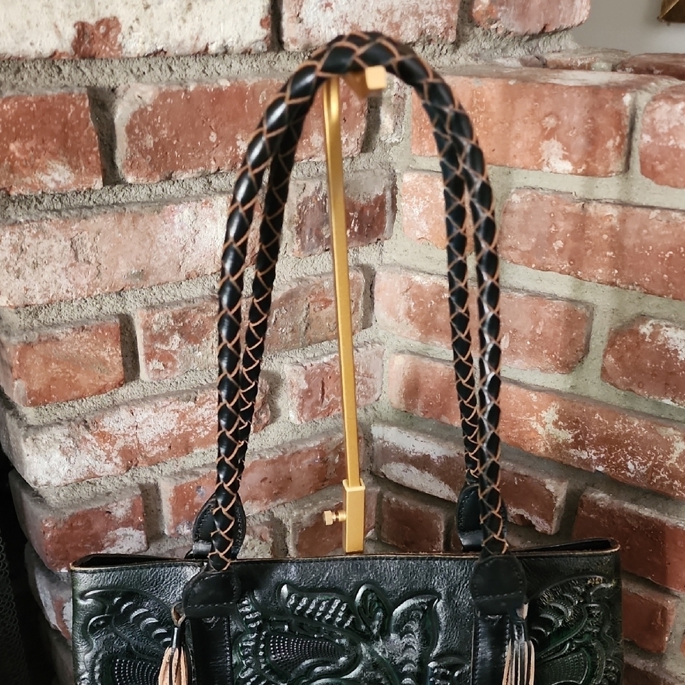 Patricia Nash Tooled Embossed Green Leather Tote Fringe Boho Bag - Picture 3 of 13